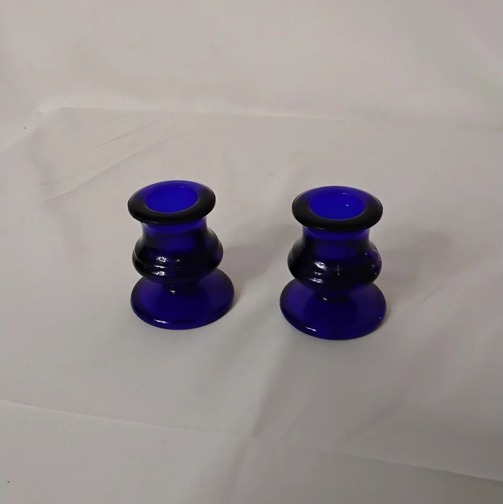 VINTAGE Elegant COBALT Blue Glass Candle Holders.  Set Of Two